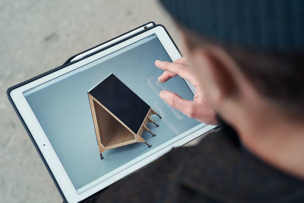 Zero Travel Nolla Cabin view as if looking at a prototype of the cabin on a tablet