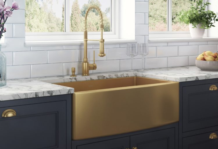 Ruvati Terraza Sinks Gold view from front in kitchen with white and grey countertops and black cabinets