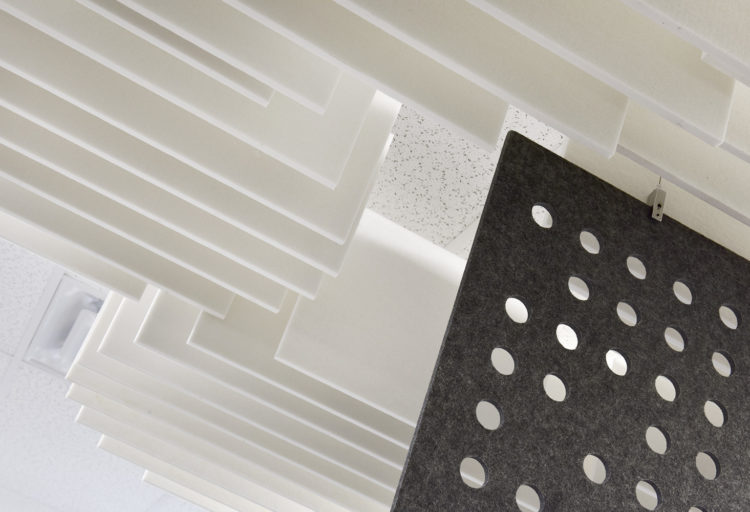 ezoBord Work Zone Dividers hanging baffles whie and hanging pixellated circles style in black