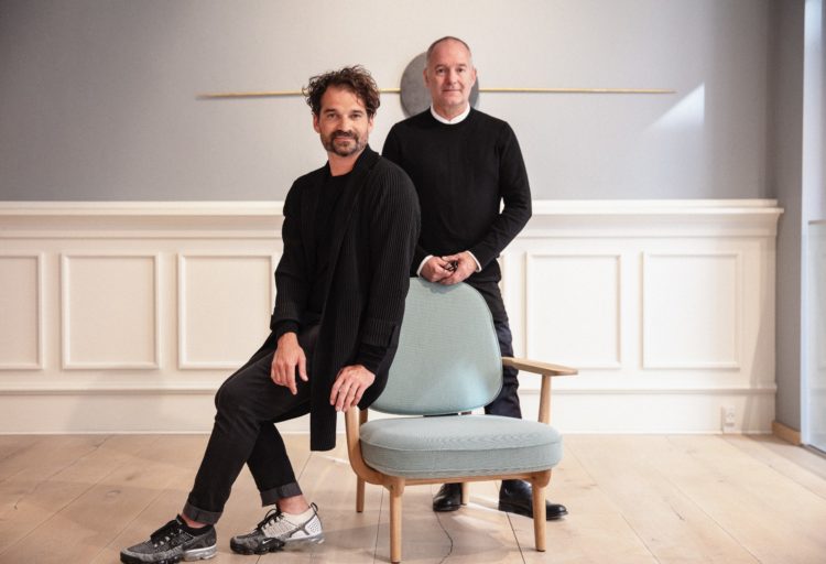 Fritz Hansen Fred Chair in light blue upholstery with designer Jaime Hayon and Fritz Hansen's Christian Andresen
