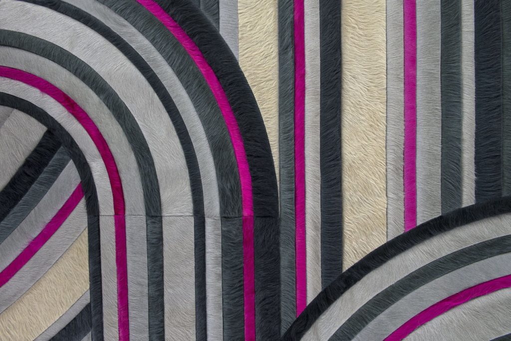 Kyle Bunting Hide Rugs Metro straight and curving parallel lines in fuschia, tan, gray, and dark green