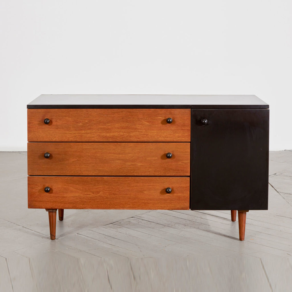 Greta Magnusson Grossman Two-Tone Credenza front view drawers in walnut, cabinet and top in black laminate