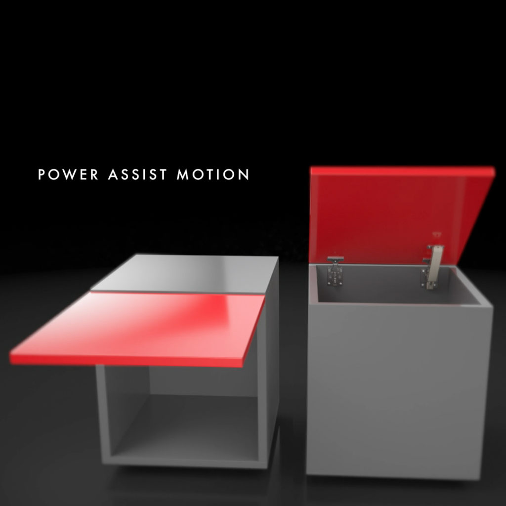 Aileron Lid Stay Hinge System front view on two gray chests with red door one opening up the other opening out