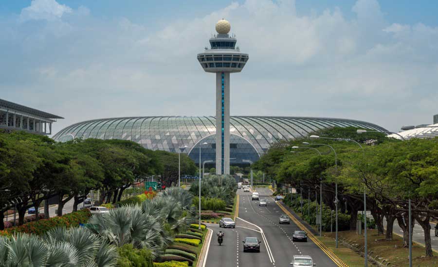 Vitro Architectural Glass in Jewel Changi Airport exterior view with street and control tower visible