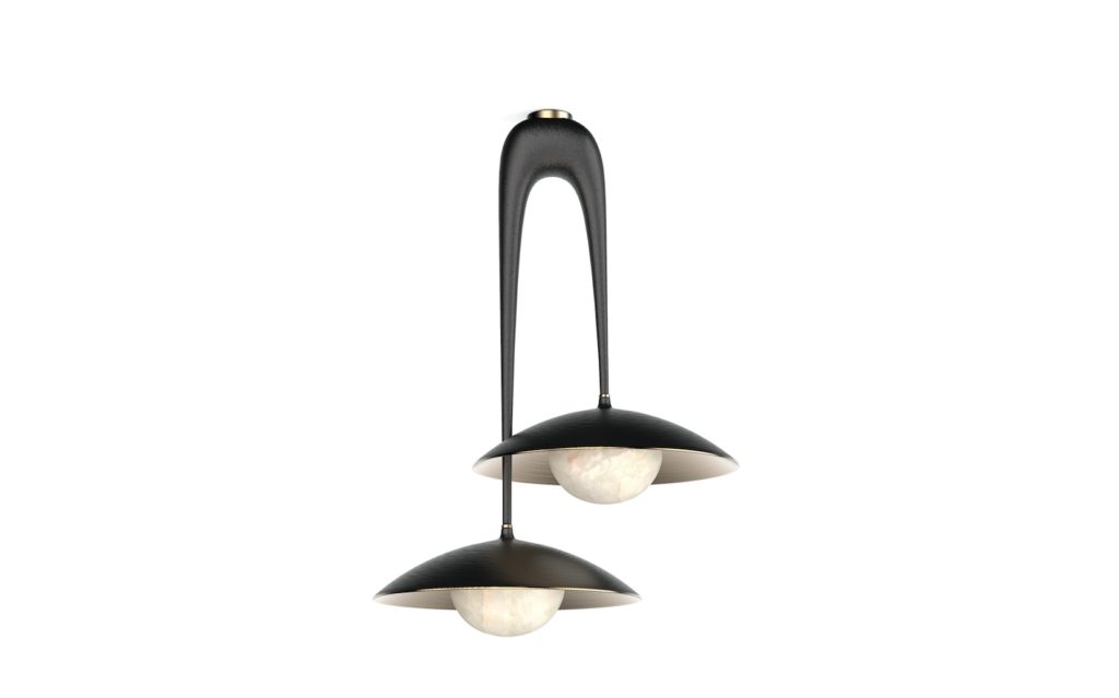 Champalimaud Capsule Collection Tana Pendant with curvaceous bronze stem, two bronze diffusers, and white bulbs