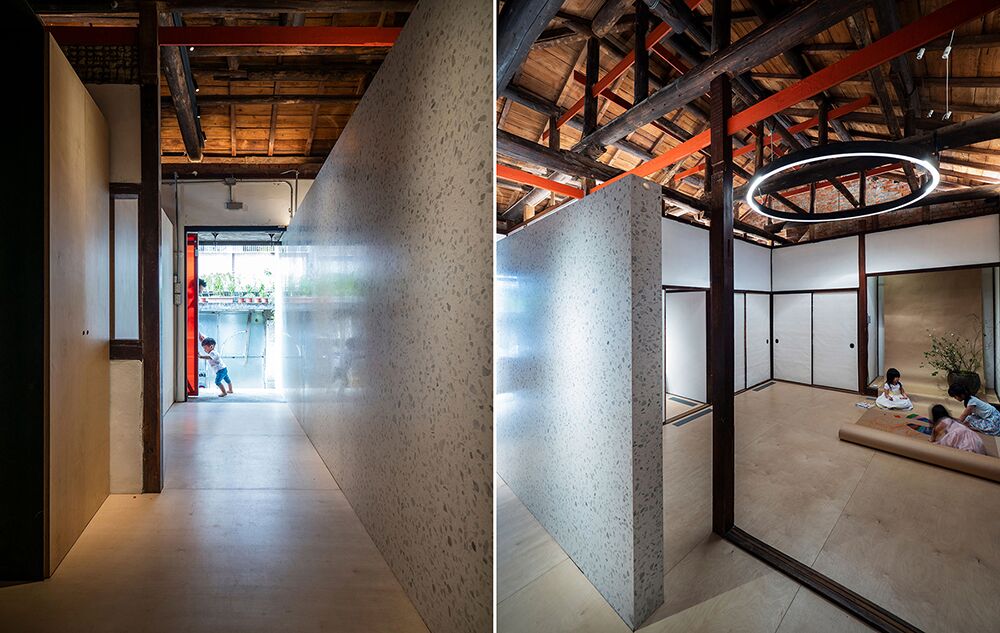 Living lab two images: hallway with terrazzo wall and child at far end pushing on red door; living room with mother and children with large halo-style light overhead