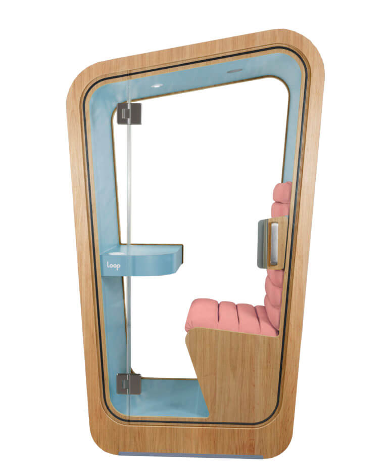Loop Phone Booths view of interior with pink upholstery and blue trim