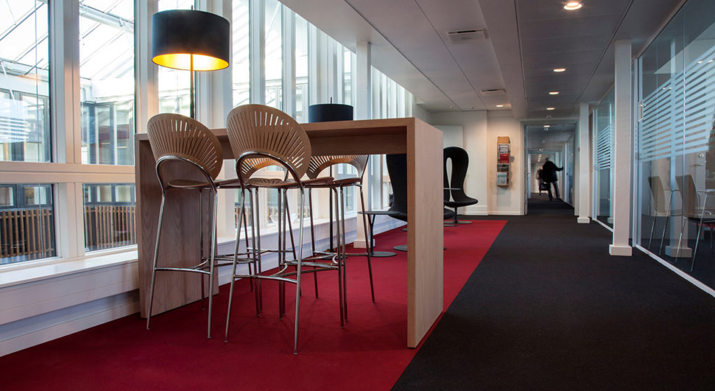 Fraster Felt Rug Collection long rectangular red rug with tall table on it in hospital common area