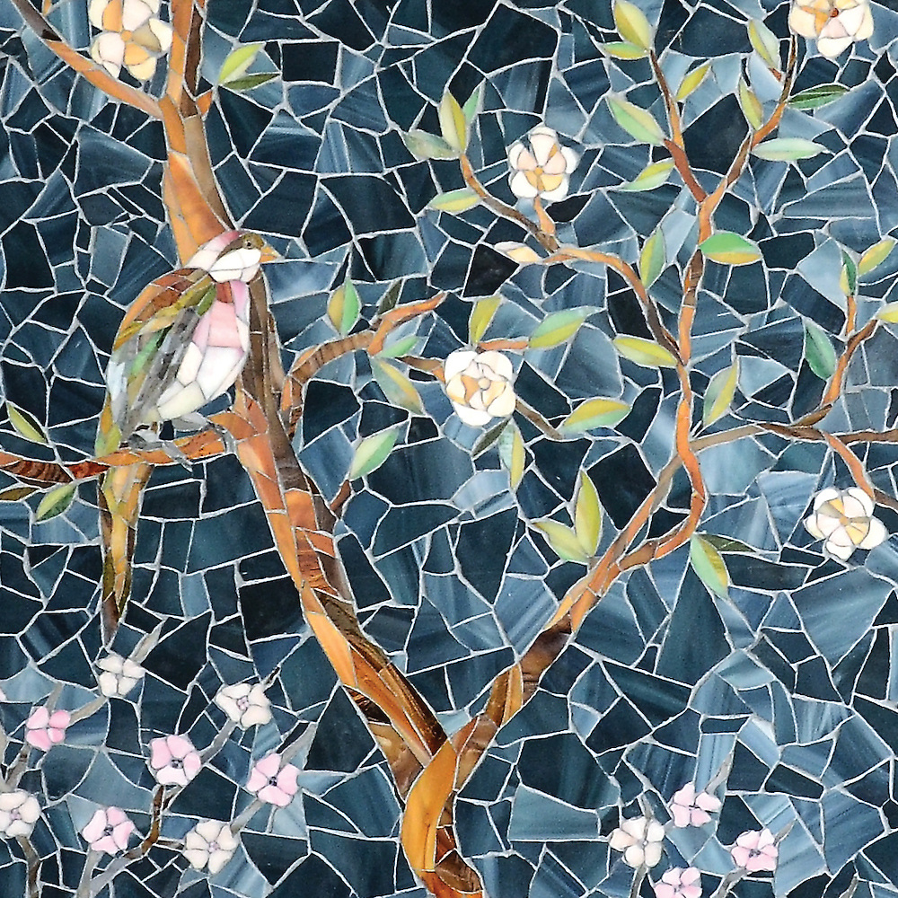 Blue Sea Glass Collection Chinoiserie style with a bird on a branch and background of jagged shapes of blue glass