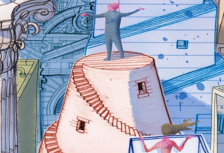 Carlo Stanga WallPepper Citta Invisibili detail showing man standing atop cylindrical structure with a winding staircase and a mermaid looking up at him