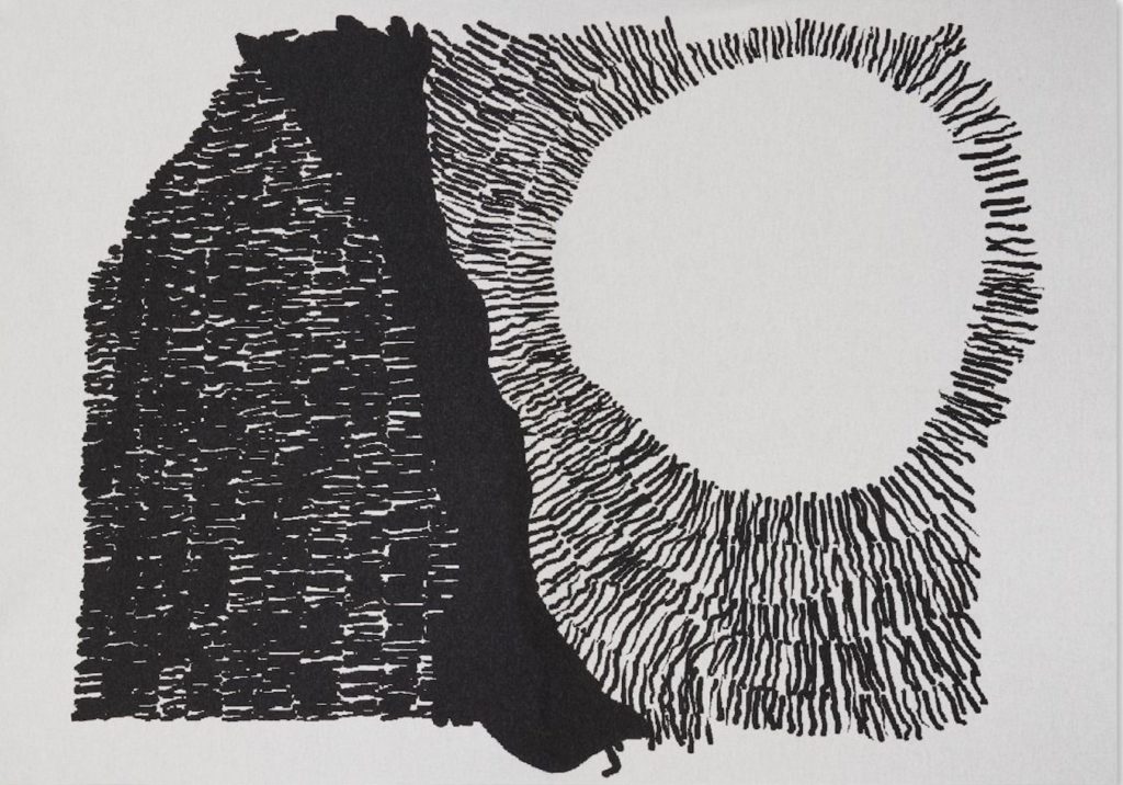 Tom Dixon Textiles Edit Dash throw with black linear shapes defining a sun-like shape on gray background