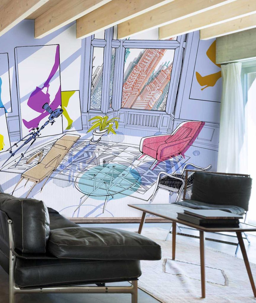 Carlo Stanga WallPepper Oblique Interior showing room interior with slanted view of city through window