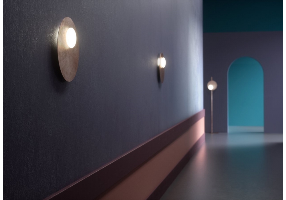 Axolight kwic wall lamp three lamps in hallway painted slate gray, maroon, and peach colors