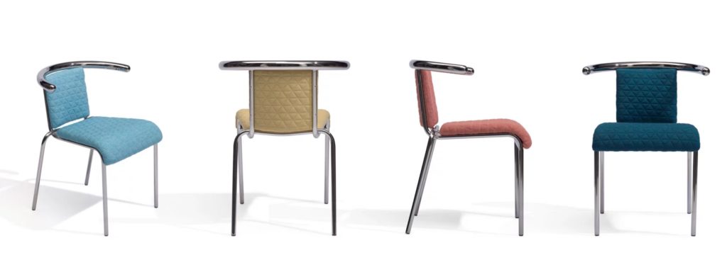 William Sawaya 5.pm chair four chairs in blue, sea green, mustard, and rust