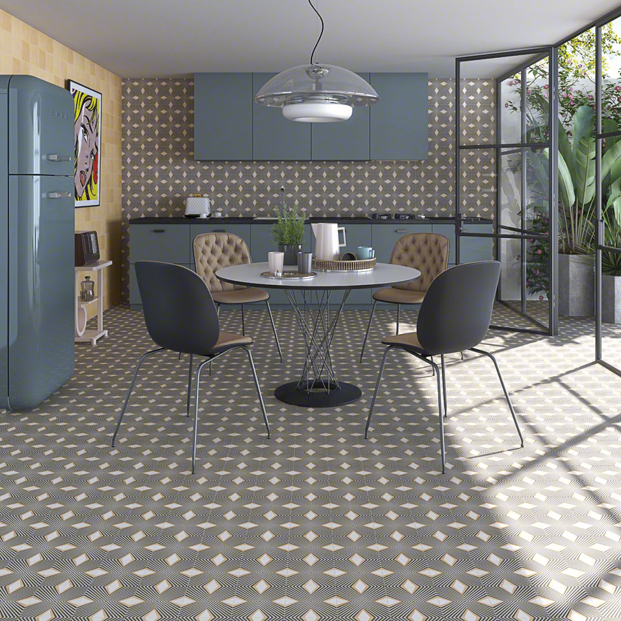 Pop Tile Saville Style of white/yellow diamonds on background of wavy black/white lines in workspace breakroom
