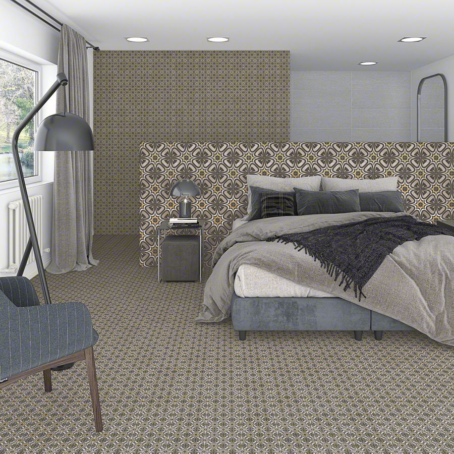 Pop Tile Carnegie style of geometric and linear shapes in muted tones on floor of hotel room