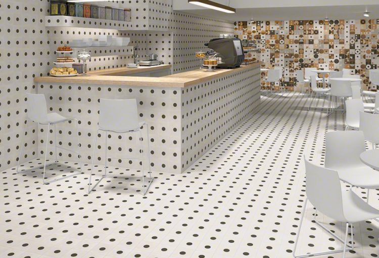 Pop Tile Wha style of big black polka dots on white background in modern kitchen