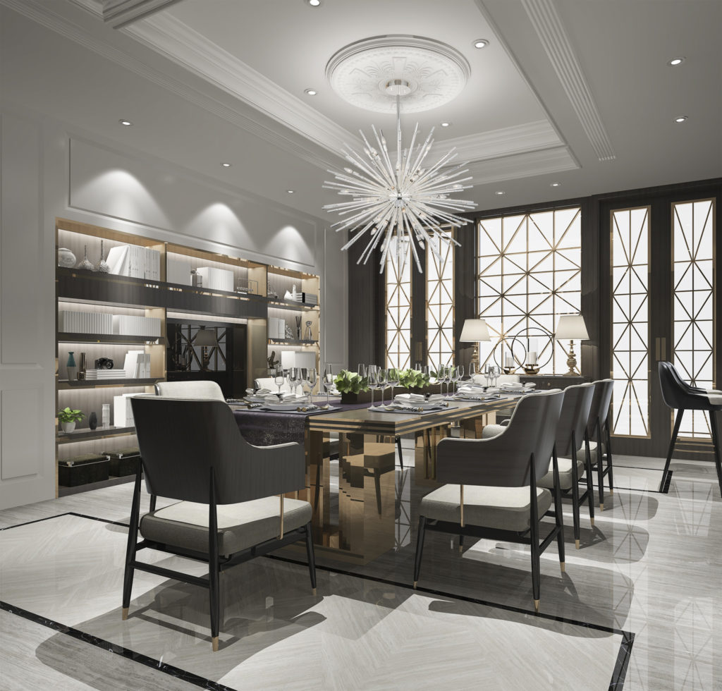 Allegri Crystal Sprazzo Chandelier of crystal rods jutting outward in spherical shape above dining table in luxurious dining room