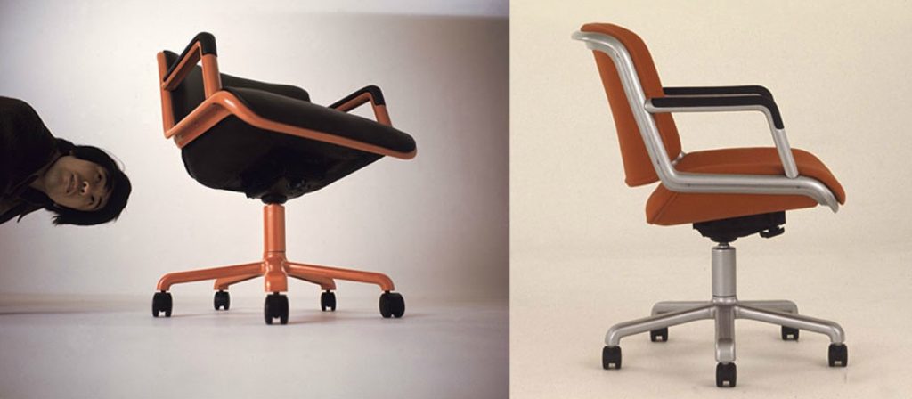Douglas Ball CAS Chair split image of two chairs: on the lift in black with orange frame and man's head held sideways; on right in orange with silver frame