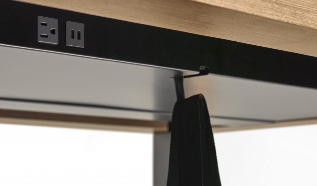 Nucraft's Epono Table detail of handbag hook beneath table