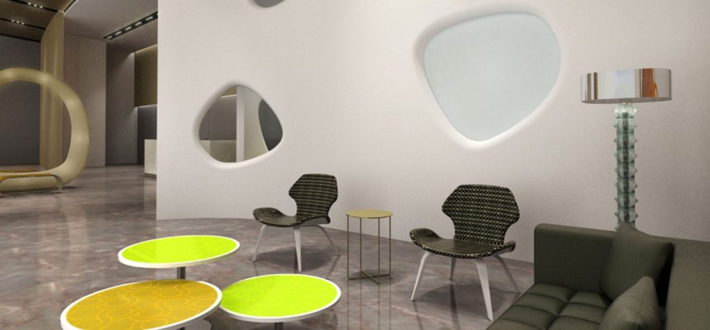 William Sawaya Bangkok High-rise hotel lobby with white partition wall with holes, black chairs, and fluorescent coffee tables on stone floor