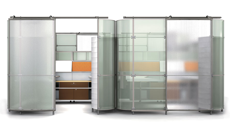 Douglas Ball My Studio office cubicle; two cubicles with frosted glass walls and cherry wood interior with orange and white storage modules