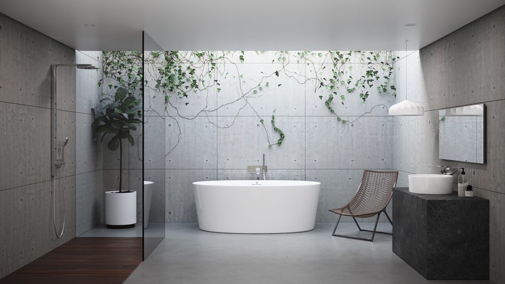Orleans by Americh front view in bathroom with glass shower and plants growing on wall behind tub