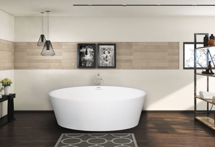 Orleans by Americh front view in nice bathroom with wood floor and wood paneling detail on wall behind