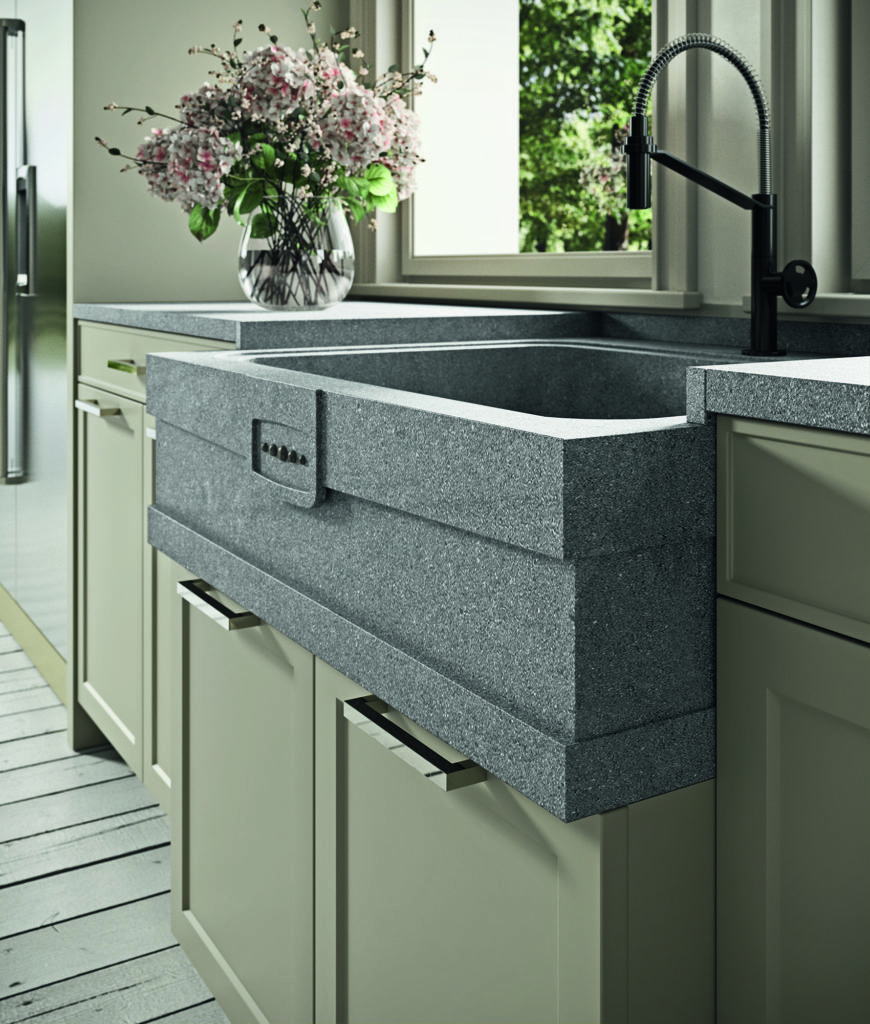 Rastelli's Fabula Kitchen close up on sink farmhouse style in medium gray