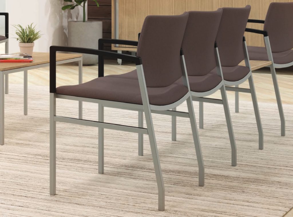 JSI Knox Seating purple/gray upholstered seat and back and black arms in healthcare waiting room