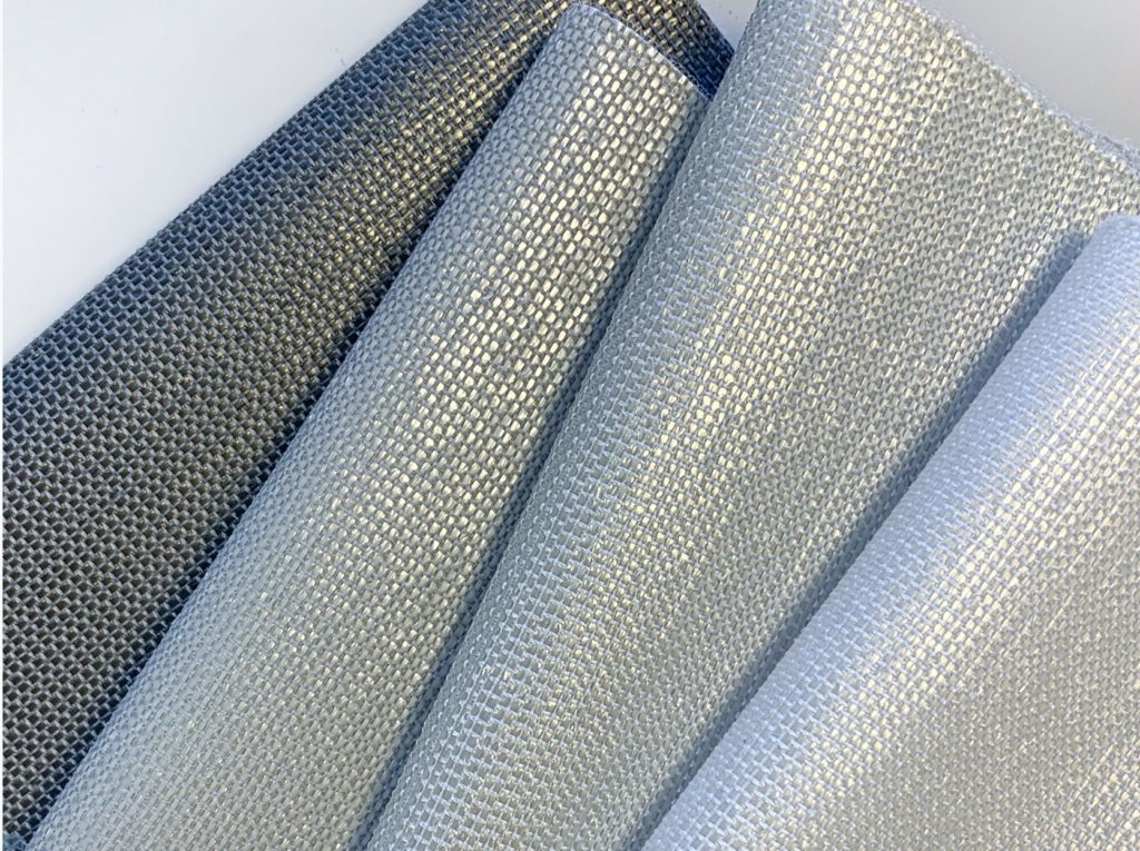 Luna Textiles Off the Grid Lumina wallcovering with iridescent silver and gray