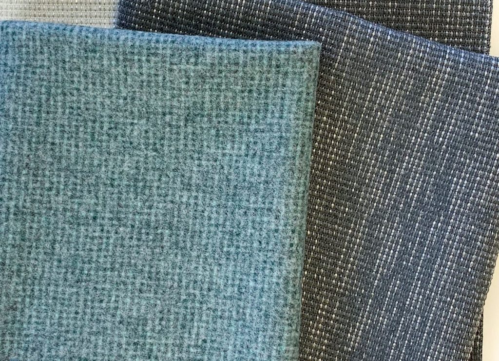 Luna Textiles Off the Grid sample textiles in green and blue