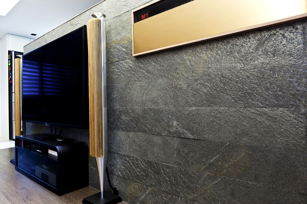 Slate-Lite dark gray on wall behind television and media credenza