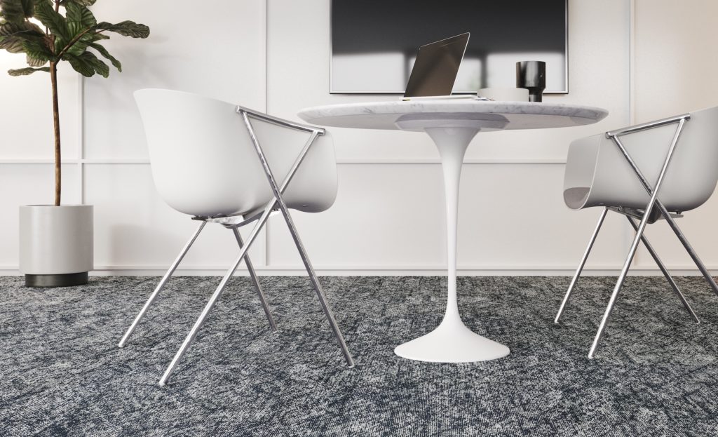 Tarkett Vellum and Bindery navy and white with cafe table and two chairs