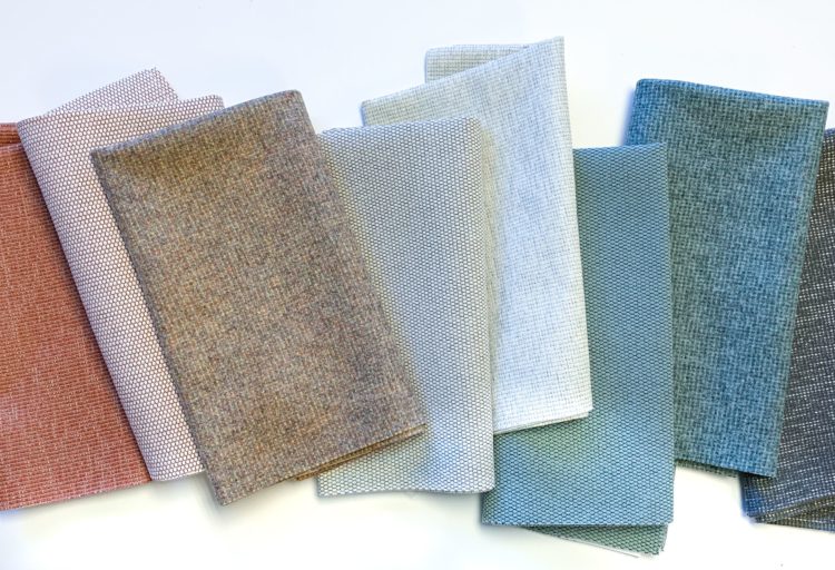 Luna Textiles Off the Grid group shot of seven different textiles in a variety of colors