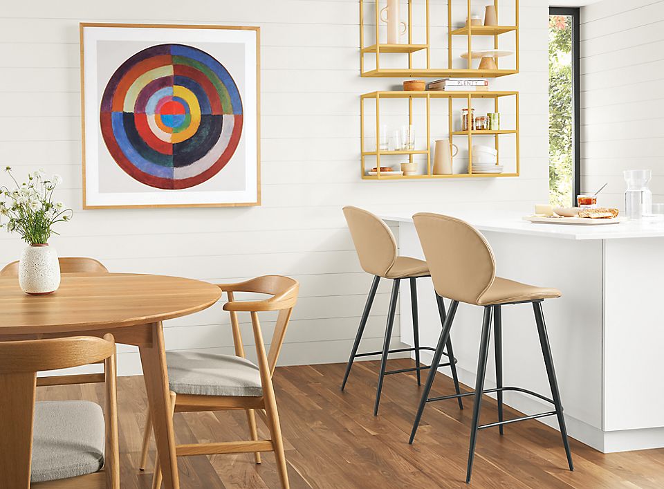 Room & Board Seating Gwen stool near island in bright kitchen