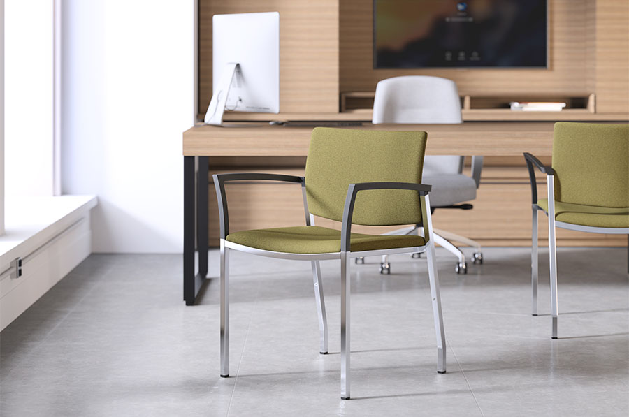 JSI Knox Seating two chairs with green upholstery and metal frame in office