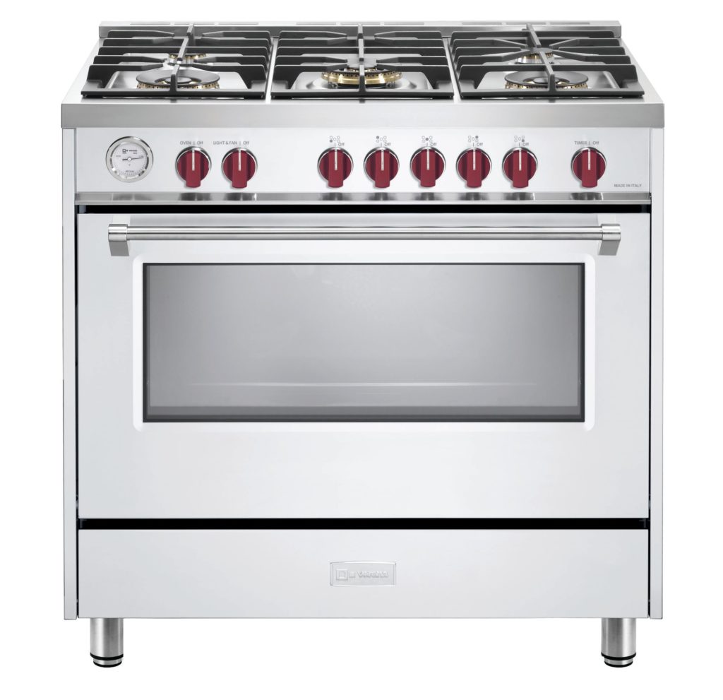 Verona's Range Builder Tool gas, white body, burgundy knobs