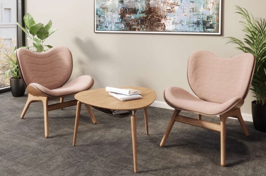 KFI Studios Conversation Piece chairs two chairs in waiting room salmon upholstery