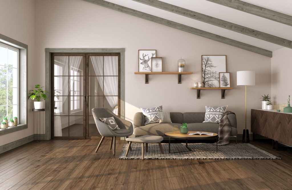 S4S Decorative Boards grady stained beams on living room ceiling