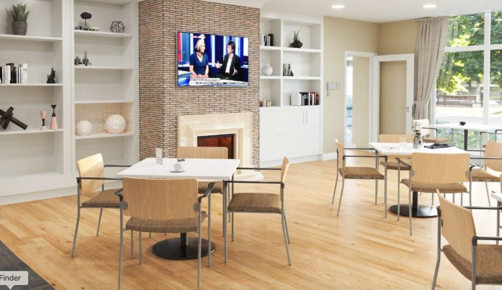 KFI Studios Evolve chairs with upholstered seat and wooden back many chairs in lobby area