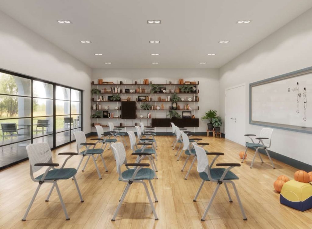 KFI Studios Kool Chairs in activity room many chairs blue seat and gray back