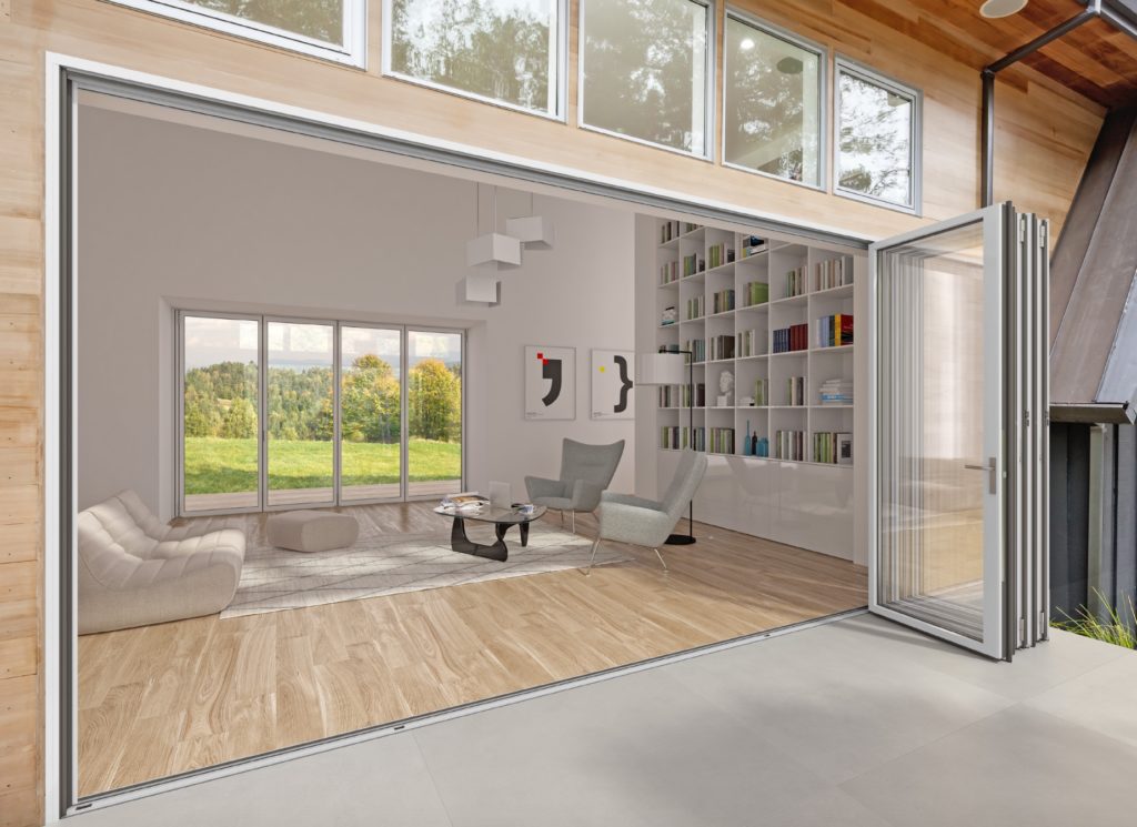 NanaWall's SL84 folding glass wall six panels in open position opening to living room