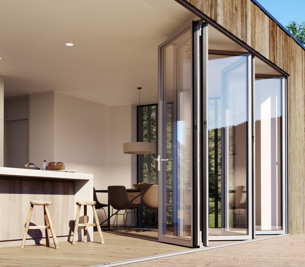 NanaWall's SL84 folding glass wall six panels partially open with kitchen in background