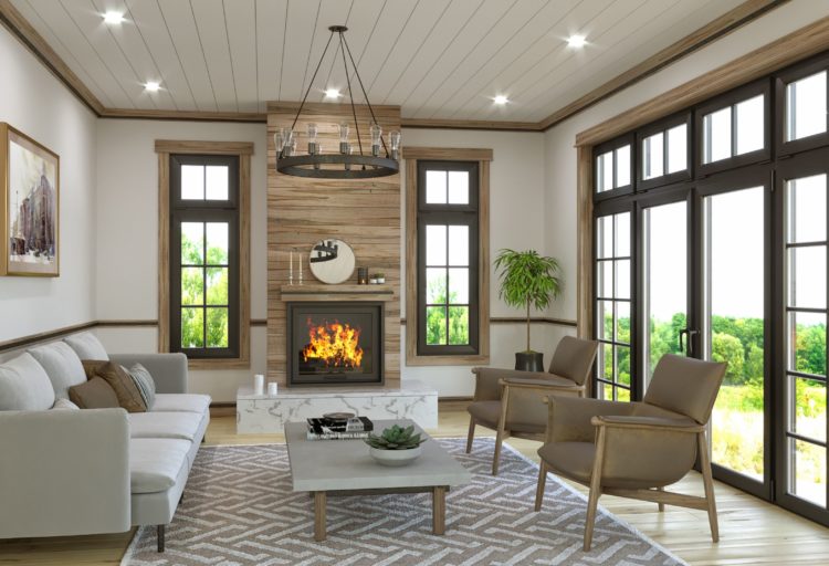 S4S Decorative Boards white oak on fireplace front and moulding in spacious sitting room