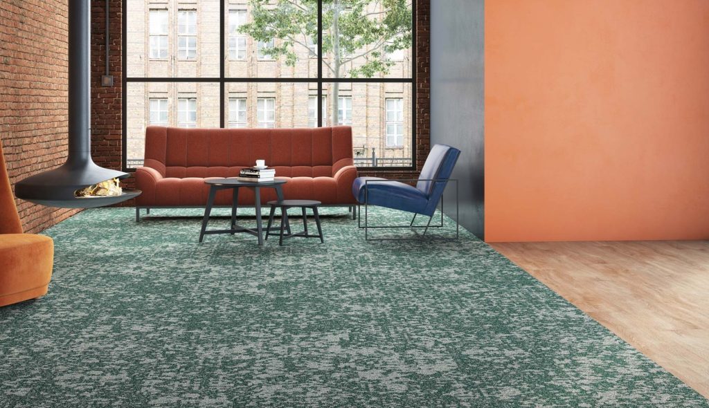 Patcraft Crafted Surface Emerald in modern living room with suspended fireplace