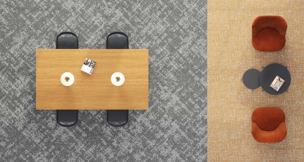 Patcraft Crafted Surface gray and yellow side by side overhead view