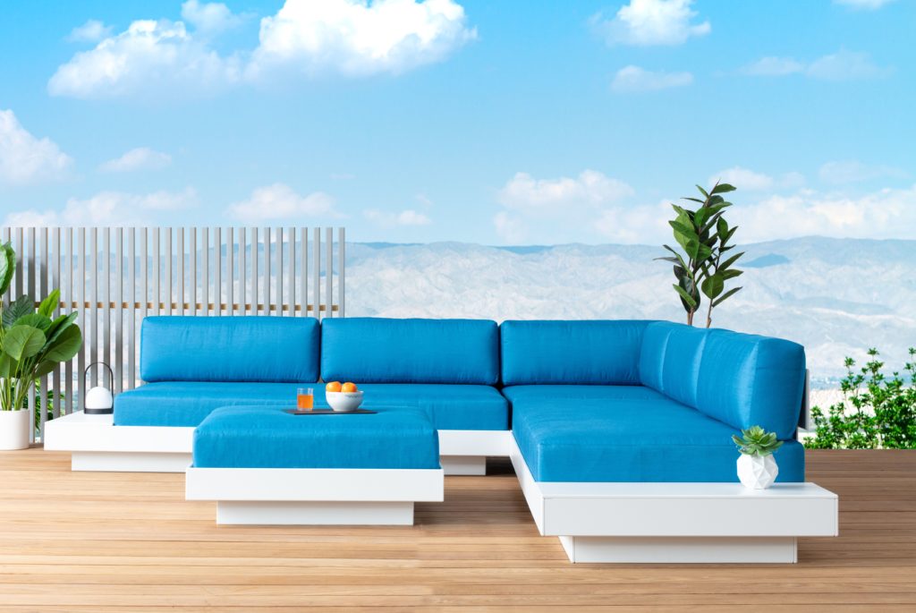 Loll Designs Outdoor Seating Platform One collection on deck with mountains in background