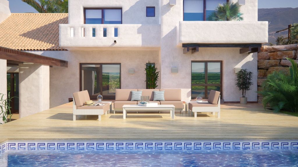 Loll Designs Outdoor Seating Sunnyside collection on deck in front of adobe house