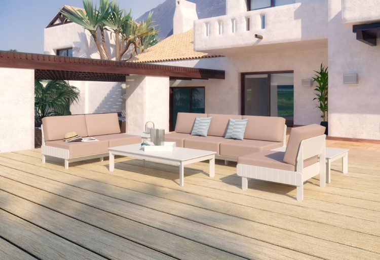 Loll Designs Outdoor Seating Sunnyside collection on deck in front of adobe house